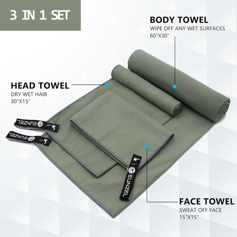 Eunzel Quick Dry Camping Towel, Microfiber Travel Towel 3 Size at 1 Pack,Fast Drying Towel Set for Camping, Beach, Gym, Sports, Yoga & Swimming Pool, Army Green - Image 2